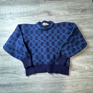 Neiman Marcus Sweater Mens L Blue Geometric Intarsia Vintage Crewneck Knit